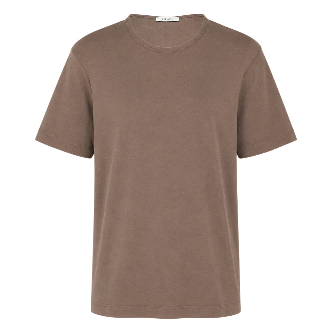 Lemaire U-Neck Rib Jersey Tee in warm taupe, featuring a scooped neckline, dropped shoulders, and boxy relaxed fit