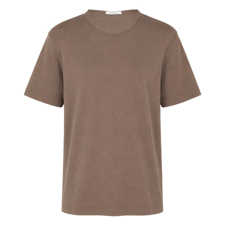 Lemaire U-Neck Rib Jersey Tee in warm taupe, featuring a scooped neckline, dropped shoulders, and boxy relaxed fit