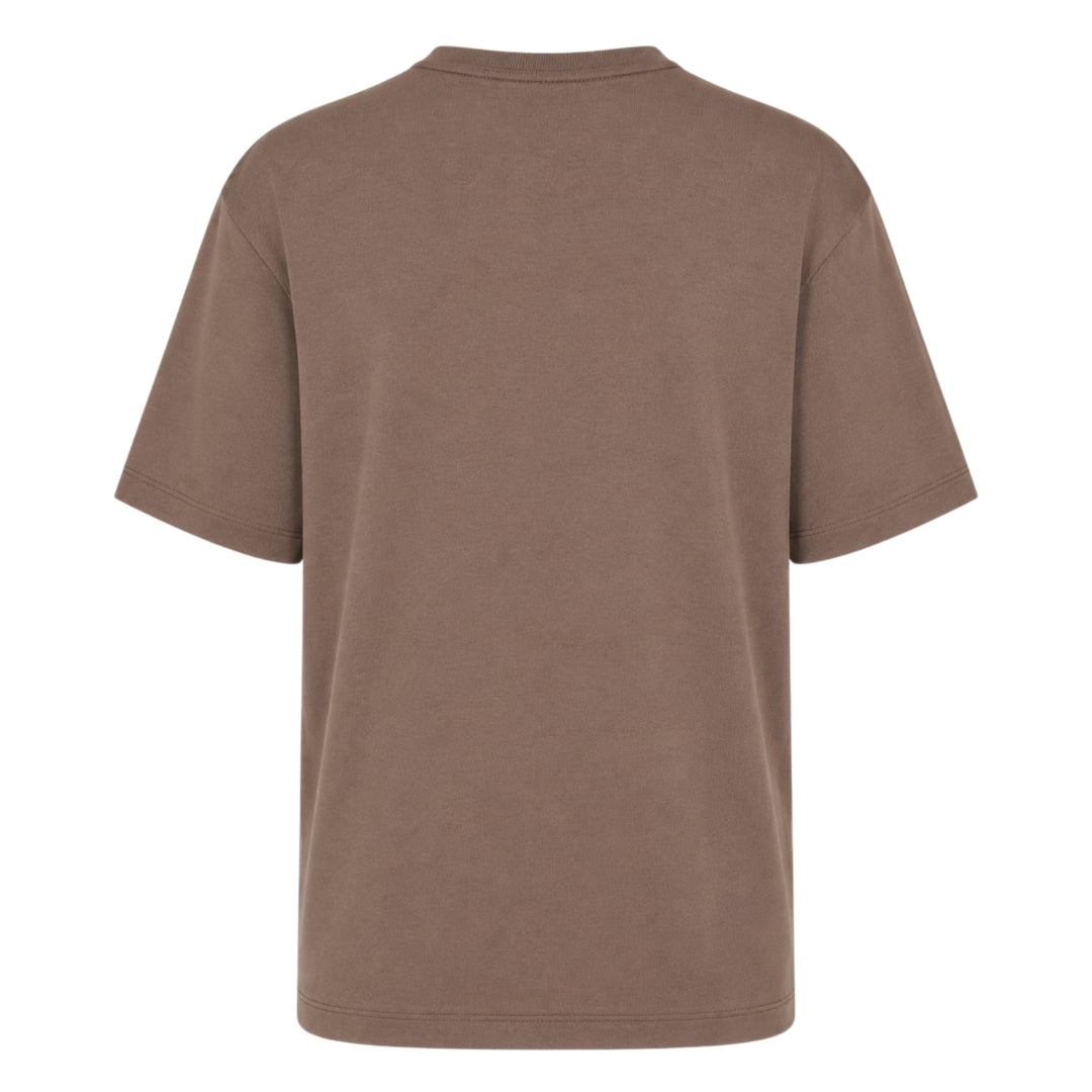 Lemaire U-Neck Rib Jersey Tee in warm taupe, featuring a scooped neckline, dropped shoulders, and boxy relaxed fit