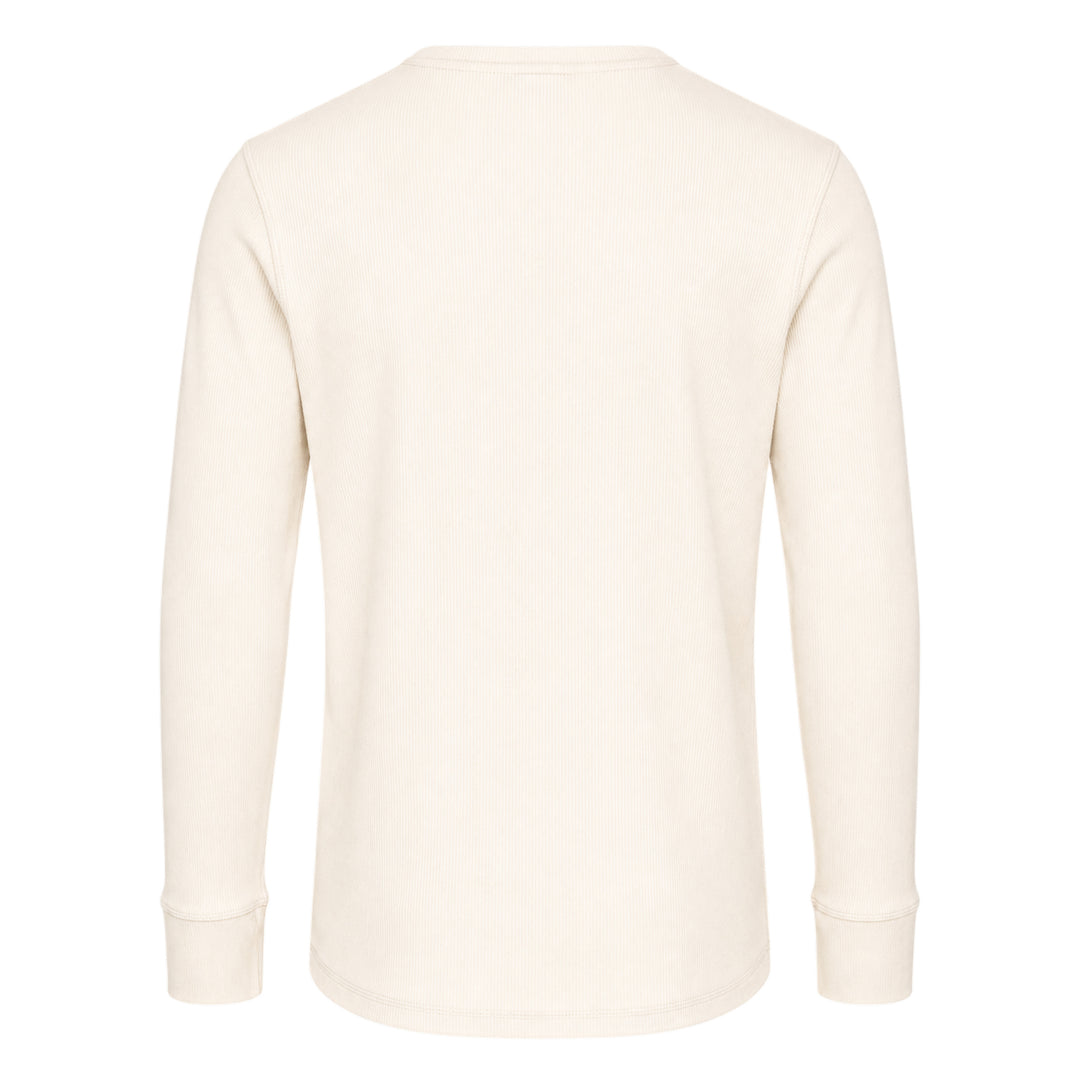 Lemaire long sleeve henley tee in off-white ribbed cotton with a three-button placket and ribbed cuffs, displayed flat on a white background