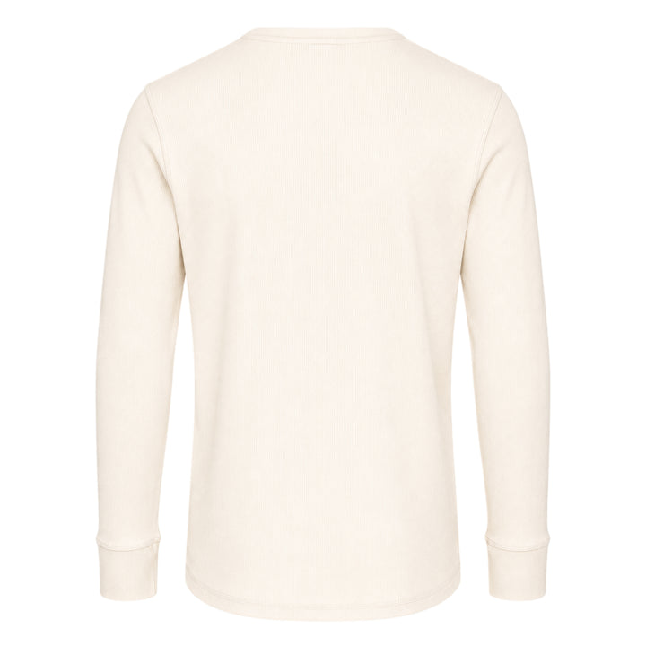 Lemaire long sleeve henley tee in off-white ribbed cotton with a three-button placket and ribbed cuffs, displayed flat on a white background