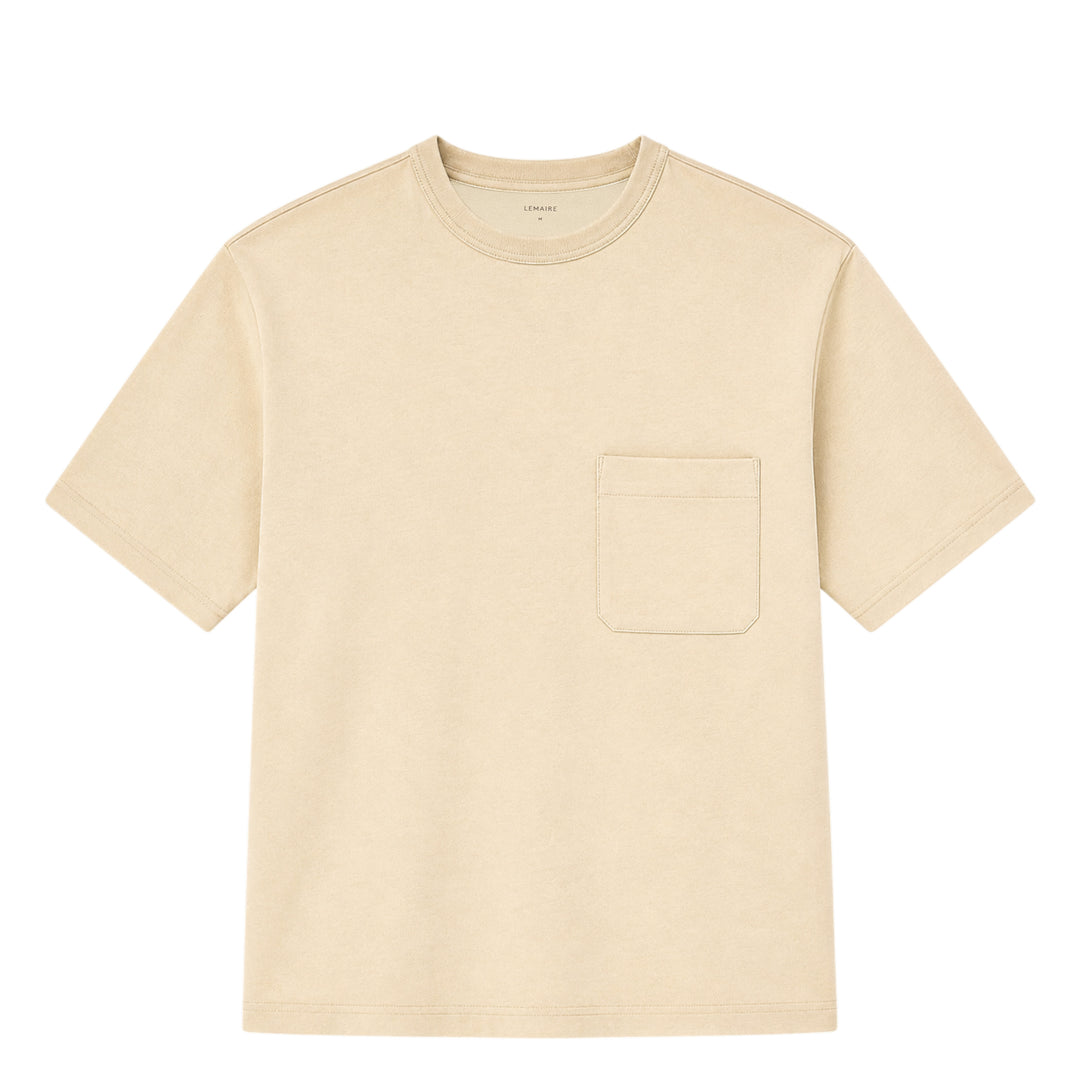 Lemaire Boxy Compact Cotton Tee in sand beige, featuring a relaxed oversized silhouette, crew neckline, and a single topstitched chest patch pocket