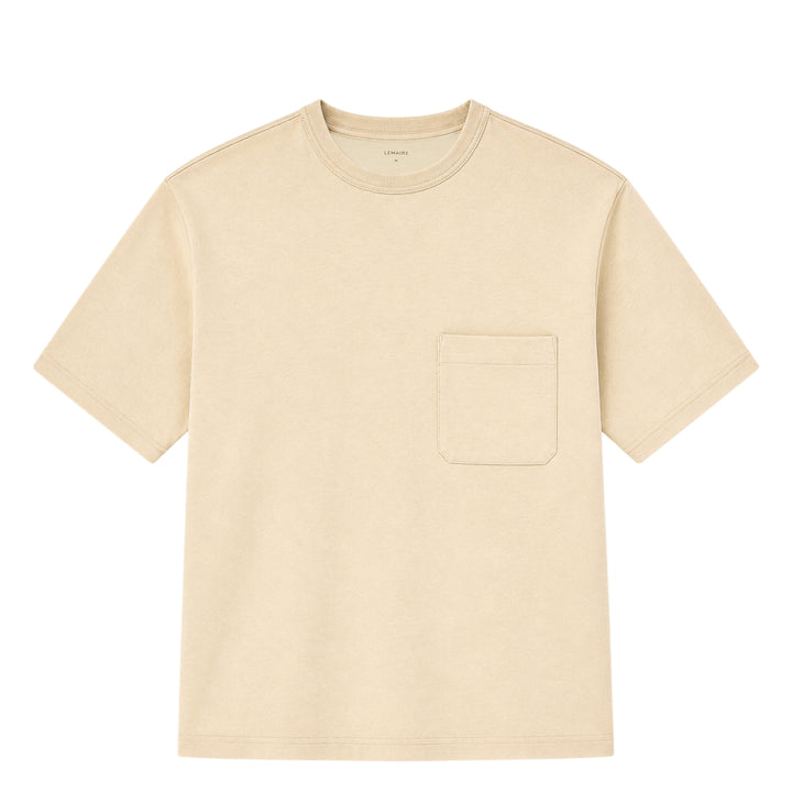 Lemaire Boxy Compact Cotton Tee in sand beige, featuring a relaxed oversized silhouette, crew neckline, and a single topstitched chest patch pocket