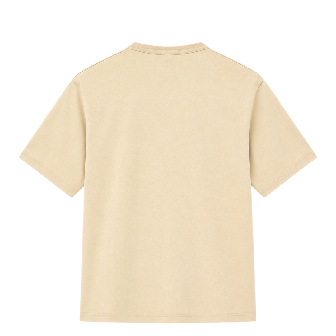 Lemaire Boxy Compact Cotton Tee in sand beige, featuring a relaxed oversized silhouette, crew neckline, and a single topstitched chest patch pocket