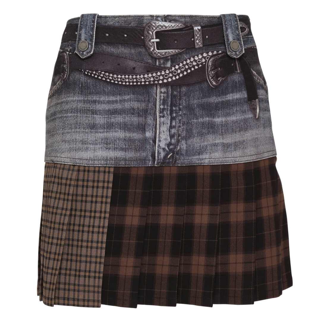 Andersson Bell Double Belt Printed Mini Skirt featuring a printed washed-denim upper panel with rhinestone double belt detail and an asymmetric mixed brown tartan pleated hem, photographed flat on a white background