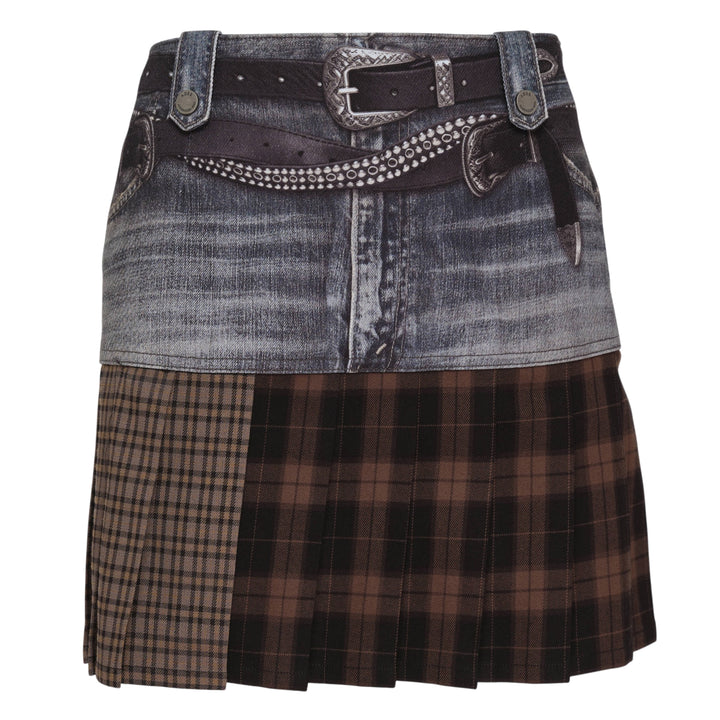Andersson Bell Double Belt Printed Mini Skirt featuring a printed washed-denim upper panel with rhinestone double belt detail and an asymmetric mixed brown tartan pleated hem, photographed flat on a white background