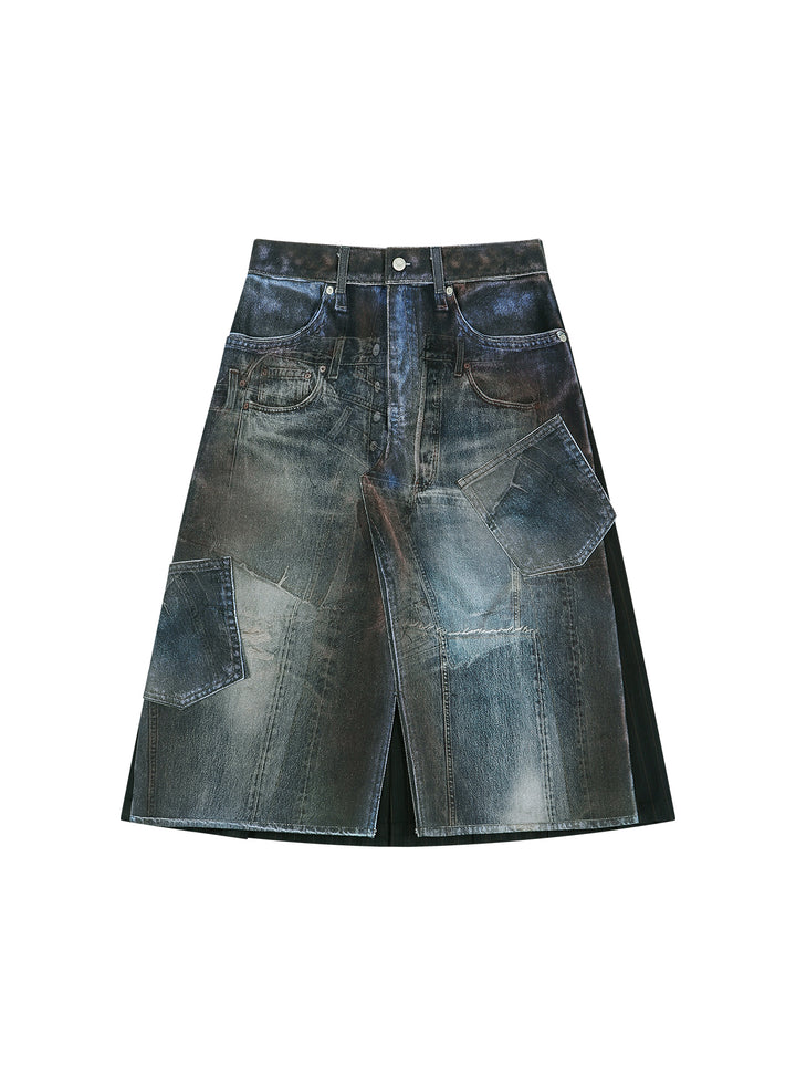 Illusion Patchwork Denim Skirt