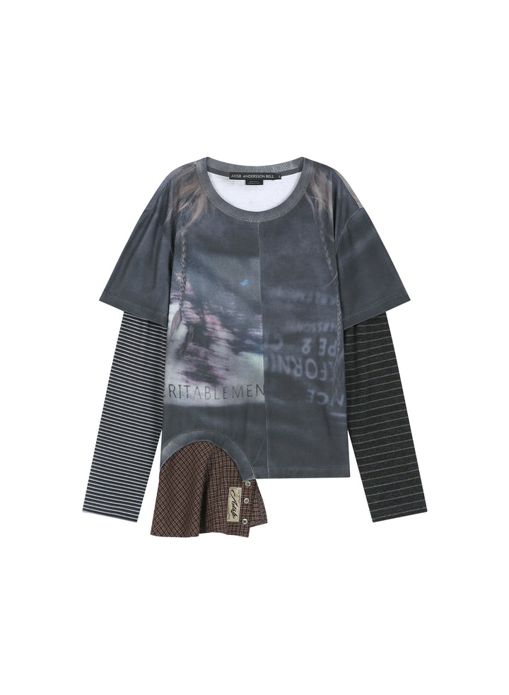 Mixed Stripe Sleeve Layered Tee