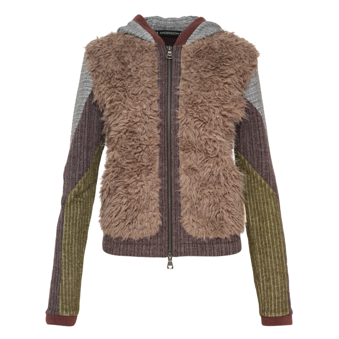 Fur Color-Blocked Hooded Zip-Up