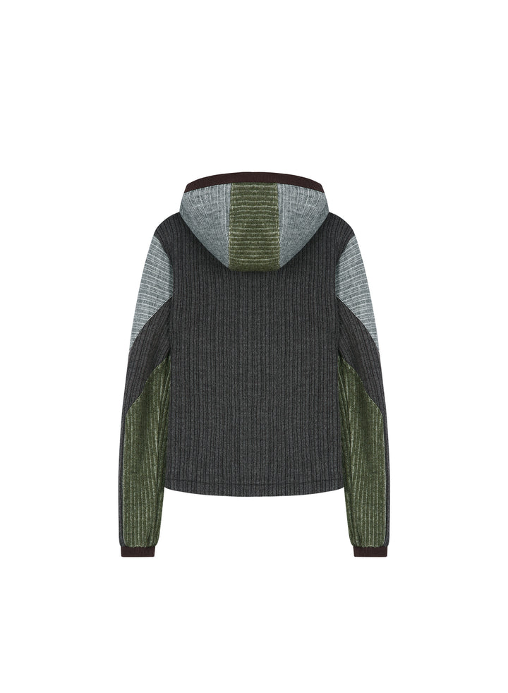 Fur Color-Blocked Hooded Zip-Up