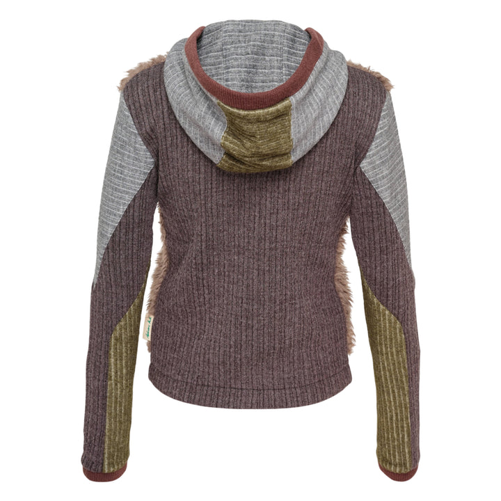 Fur Color-Blocked Hooded Zip-Up