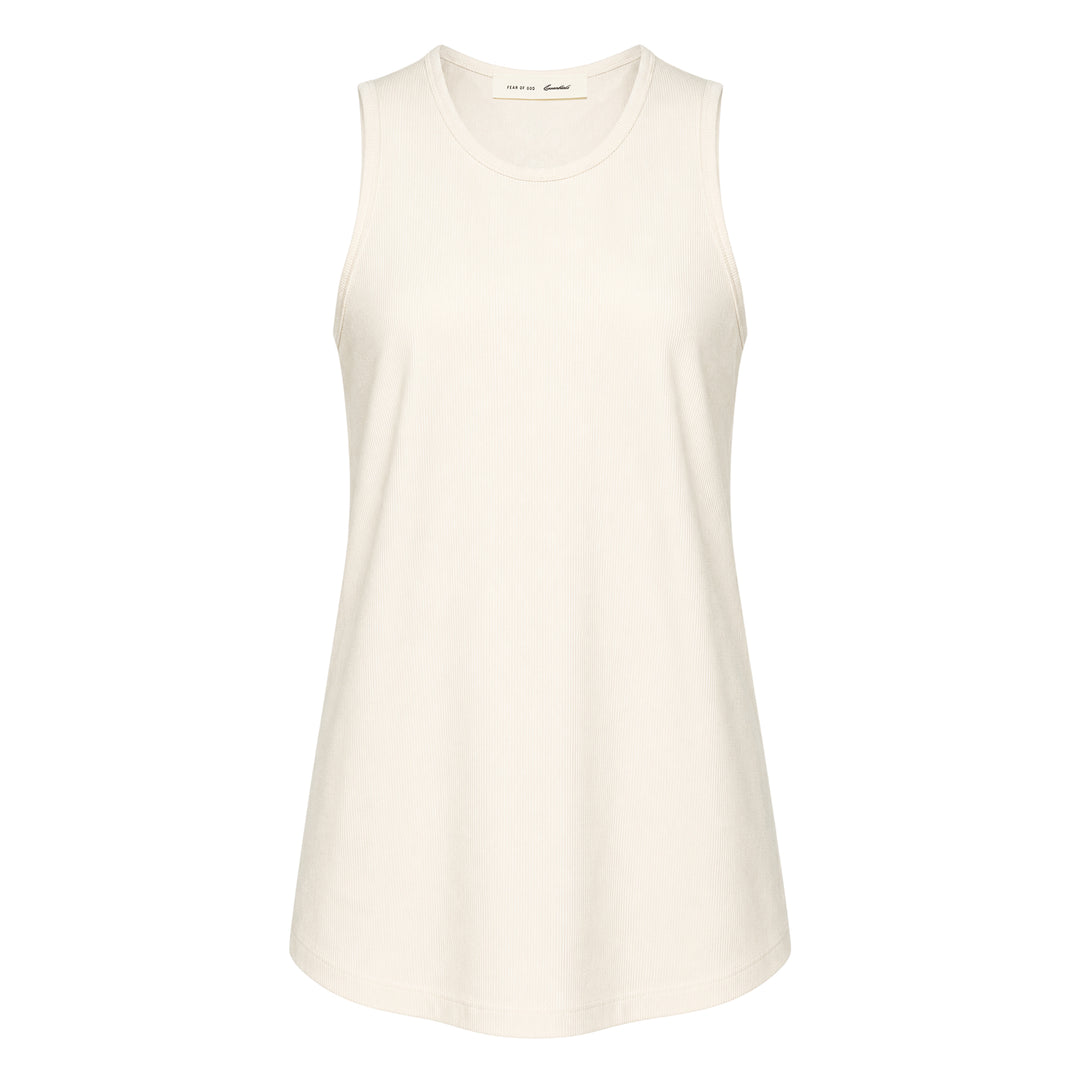Fear of God Essentials Ribbed Essential Tank in slate grey, featuring a scoop neckline, wide armholes, and a woven brand label at the back neck, displayed flat on a white background