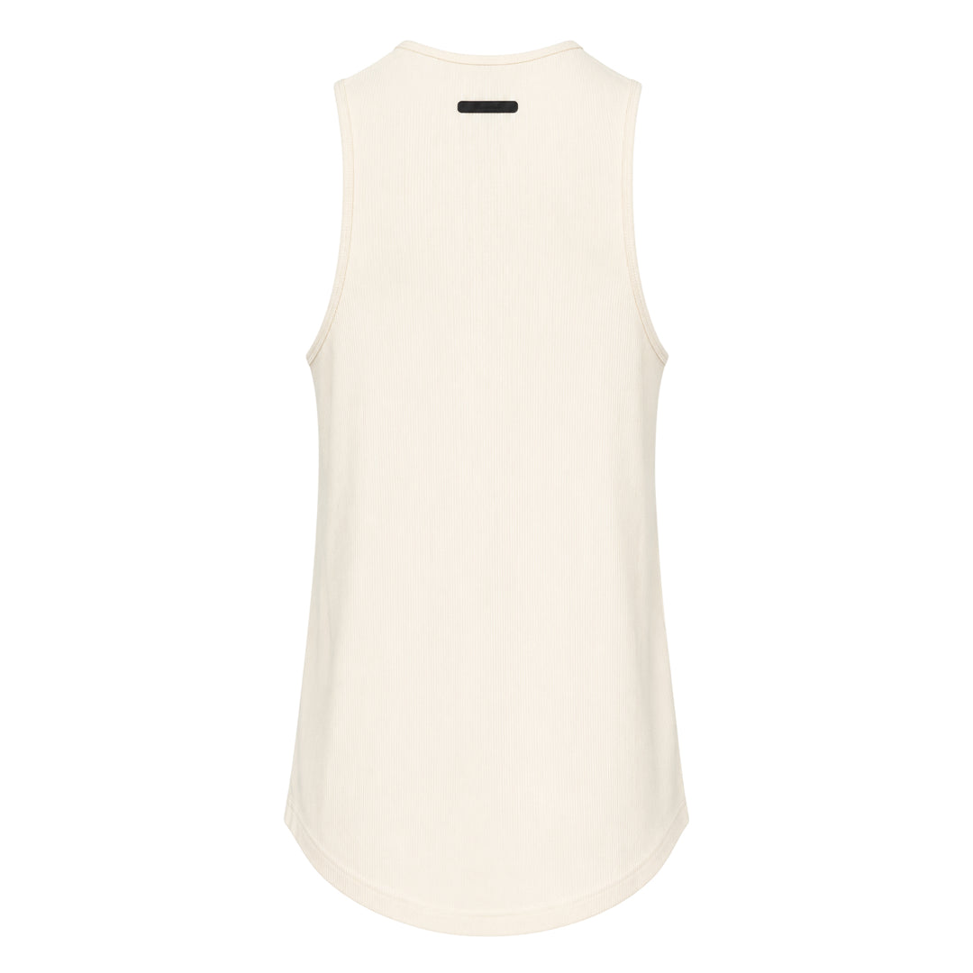 Fear of God Essentials Ribbed Essential Tank in slate grey, featuring a scoop neckline, wide armholes, and a woven brand label at the back neck, displayed flat on a white background