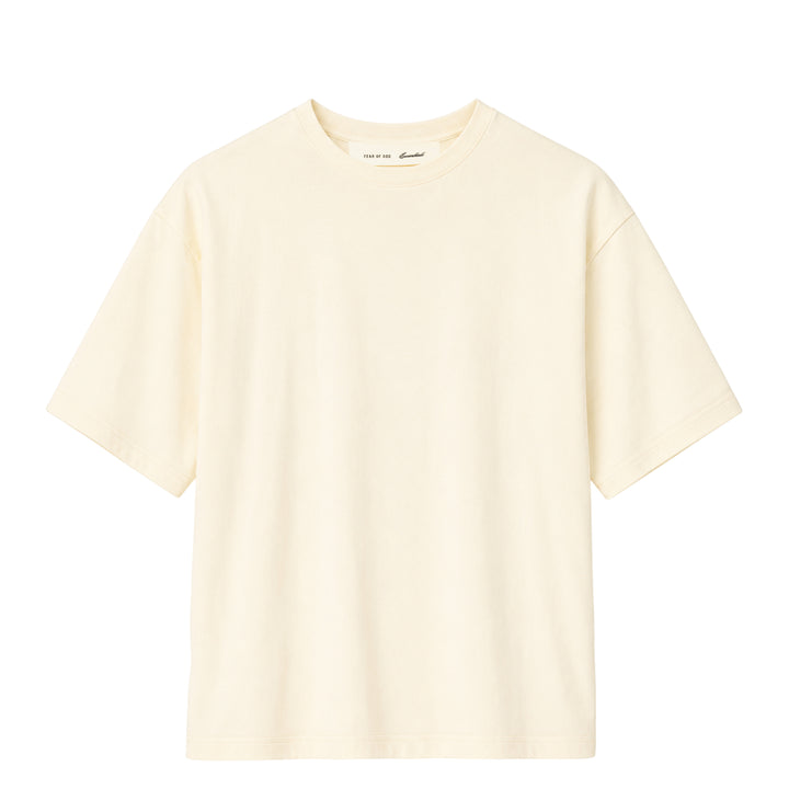 Fear of God Essentials Modern Fit T-Shirt in tonal grey with boxy silhouette, dropped shoulders, crew neck, and woven back-neck label — flat lay front view
