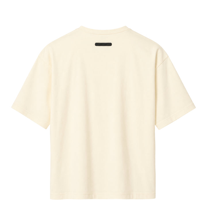 Fear of God Essentials Modern Fit T-Shirt in tonal grey with boxy silhouette, dropped shoulders, crew neck, and woven back-neck label — flat lay front view