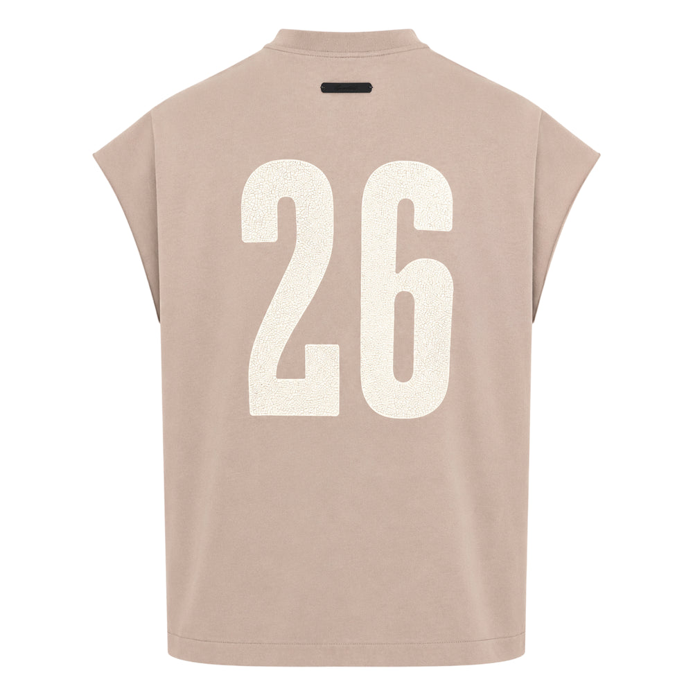 Fear of God Essentials Cut Off 90s Tee in sage grey, sleeveless boxy silhouette with tonal varsity-script logo graphic across the chest and mock-neck collar, flat lay on white background