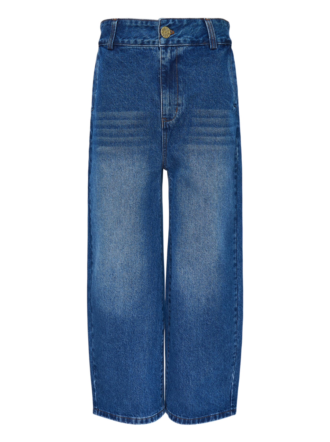 House of Errors Crown Jeans in mid-wash blue denim with whiskered fading, wide-leg cut and gold-tone engraved button, shown flat from the front