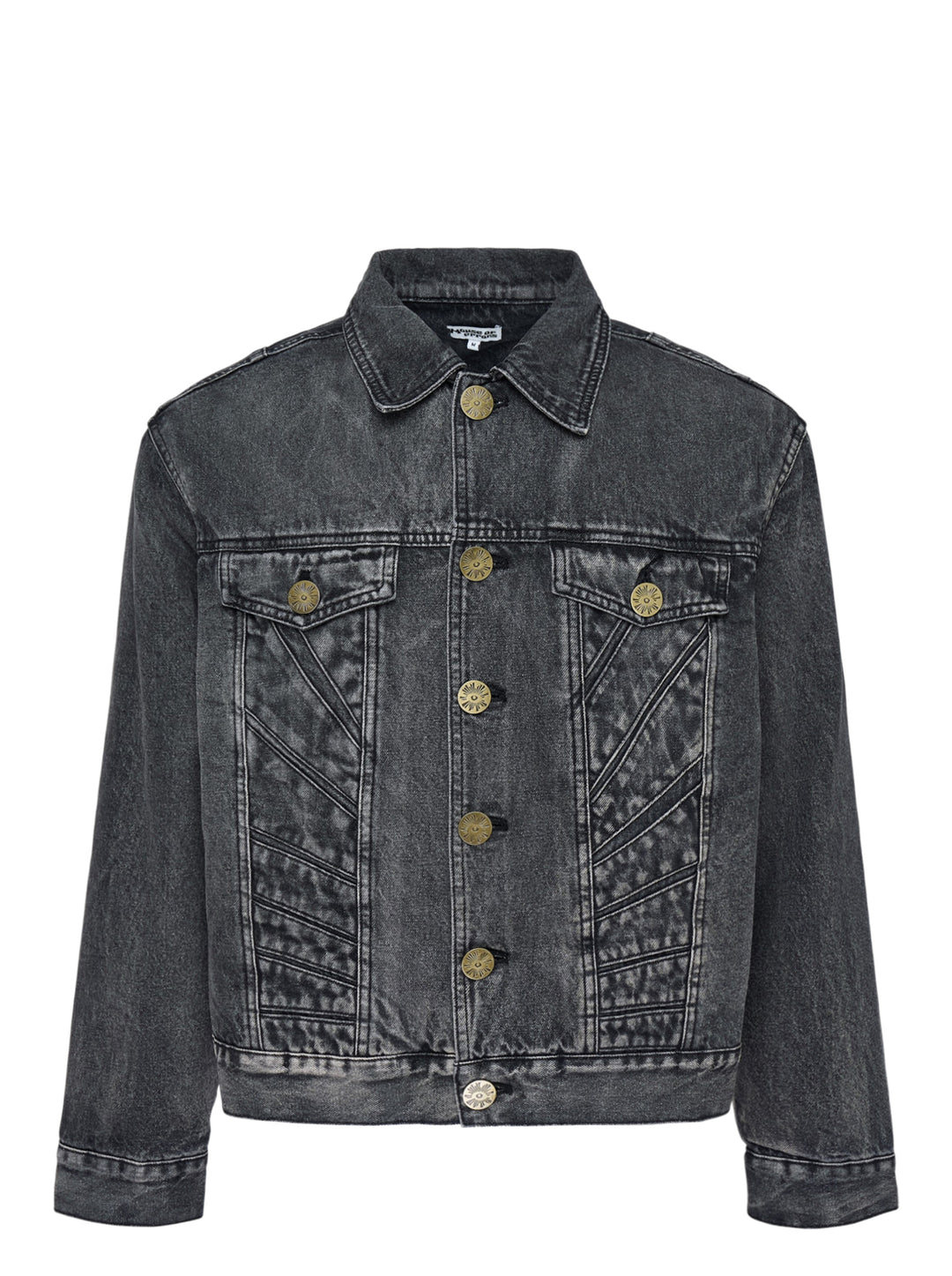 House of Errors All Seeing Denim Jacket in washed black with radiating stitched chest panels and engraved brass sunburst buttons