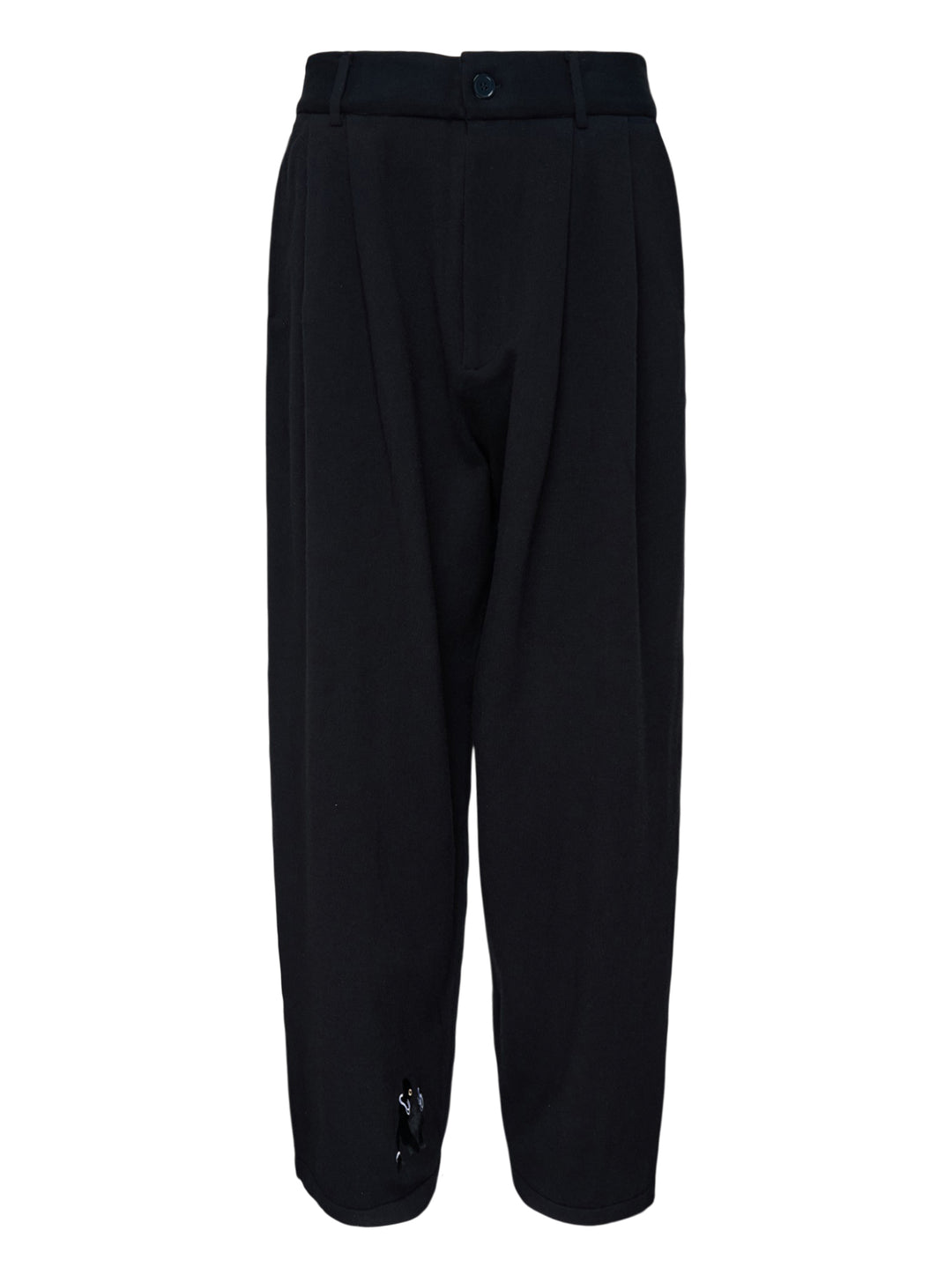Black knitted pleated trousers with a high banded waist, button fastening and a small embroidered cat burglar motif at the hem