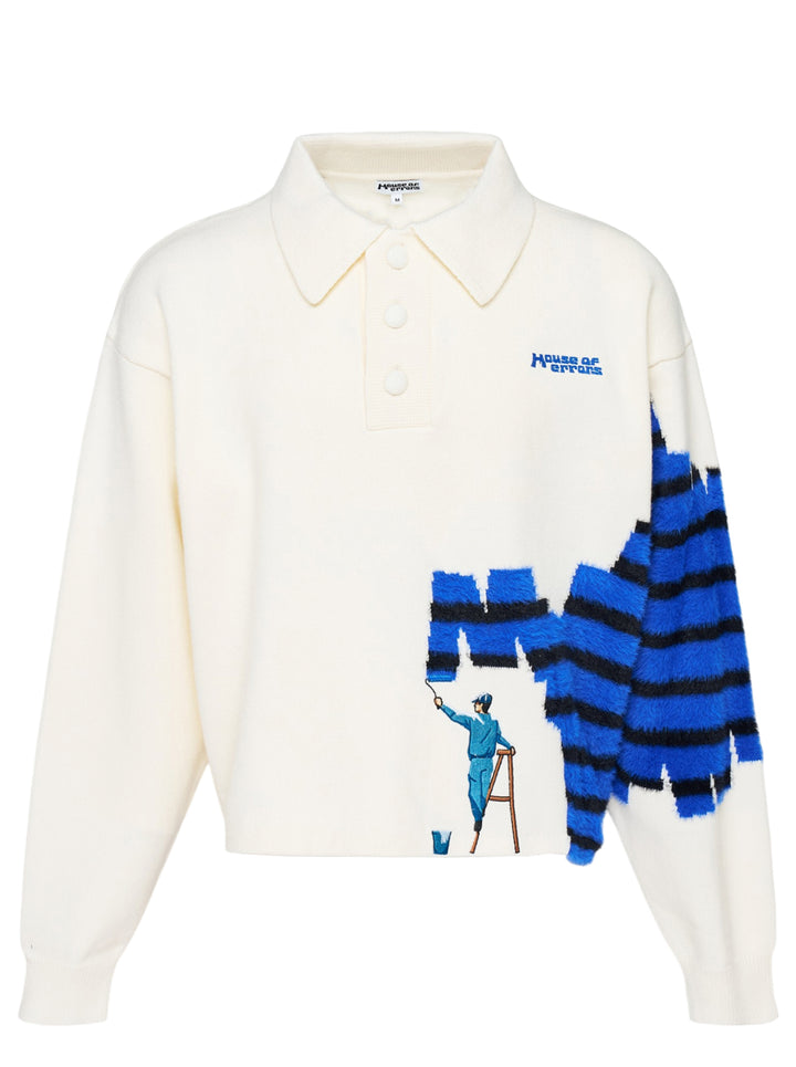 House of Errors Knitted Wall Painter Rugby Polo in cream with a brushed blue and black striped graphic and an embroidered painter on a ladder