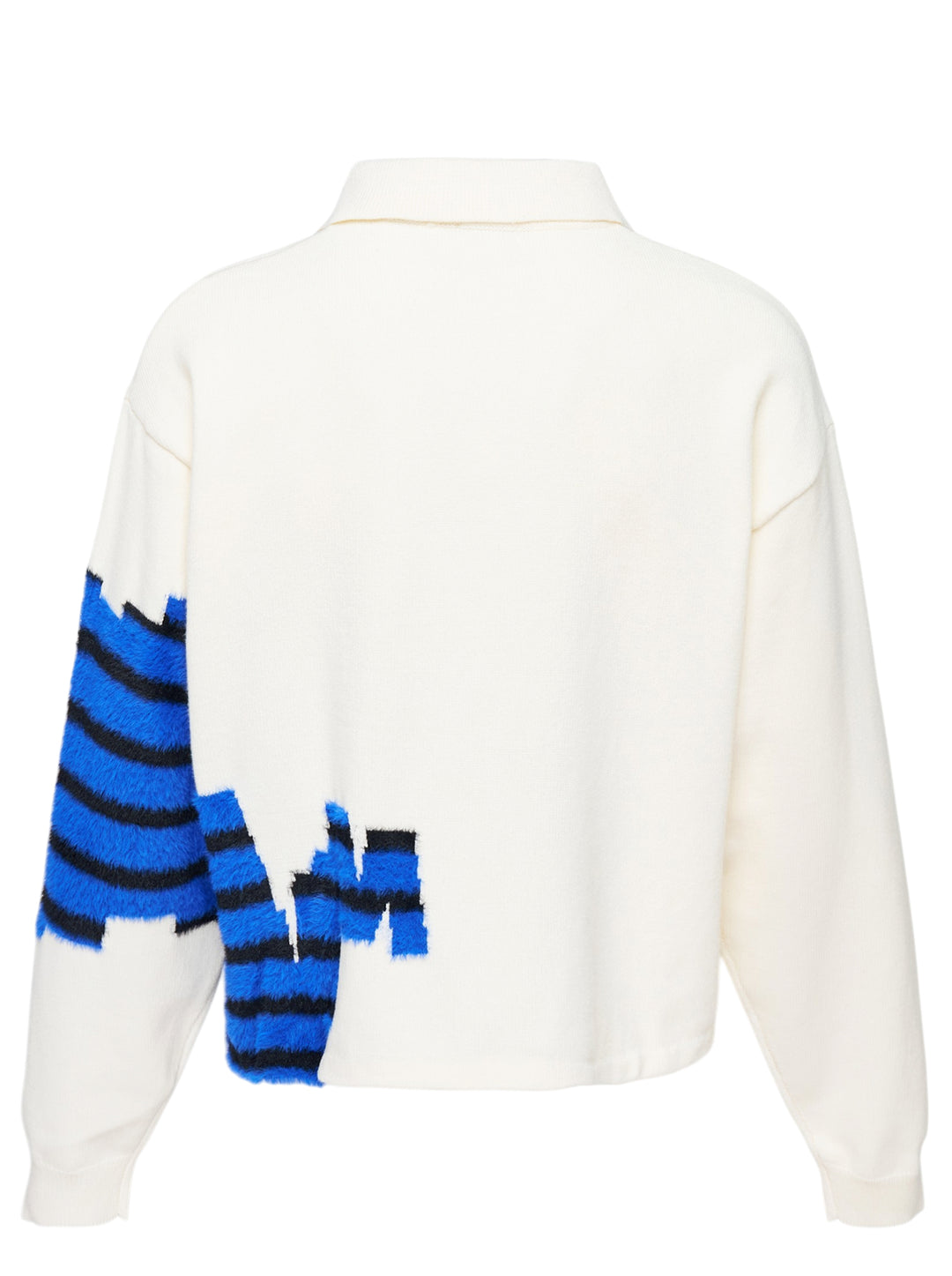 House of Errors Knitted Wall Painter Rugby Polo in cream with a brushed blue and black striped graphic and an embroidered painter on a ladder - view 2