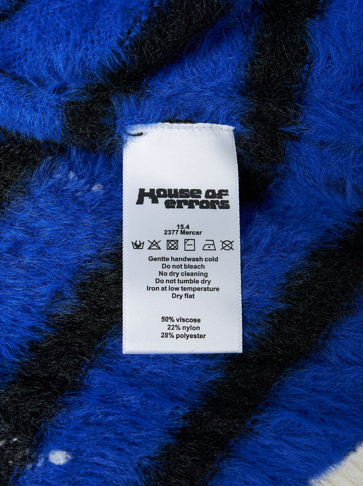 House of Errors Knitted Wall Painter Rugby Polo in cream with a brushed blue and black striped graphic and an embroidered painter on a ladder - view 4