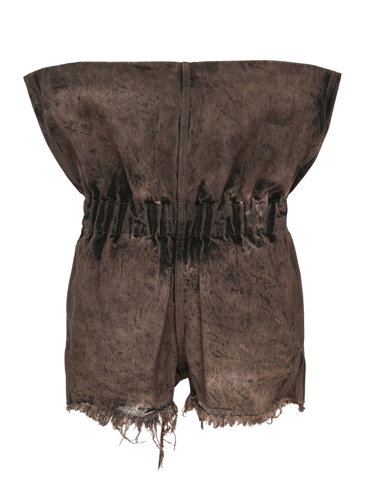 Rick Owens Crater Shorts in 13oz dust-wash brown denim — rear view showing strapless bandeau romper silhouette, gathered elasticated waist, and raw frayed hem