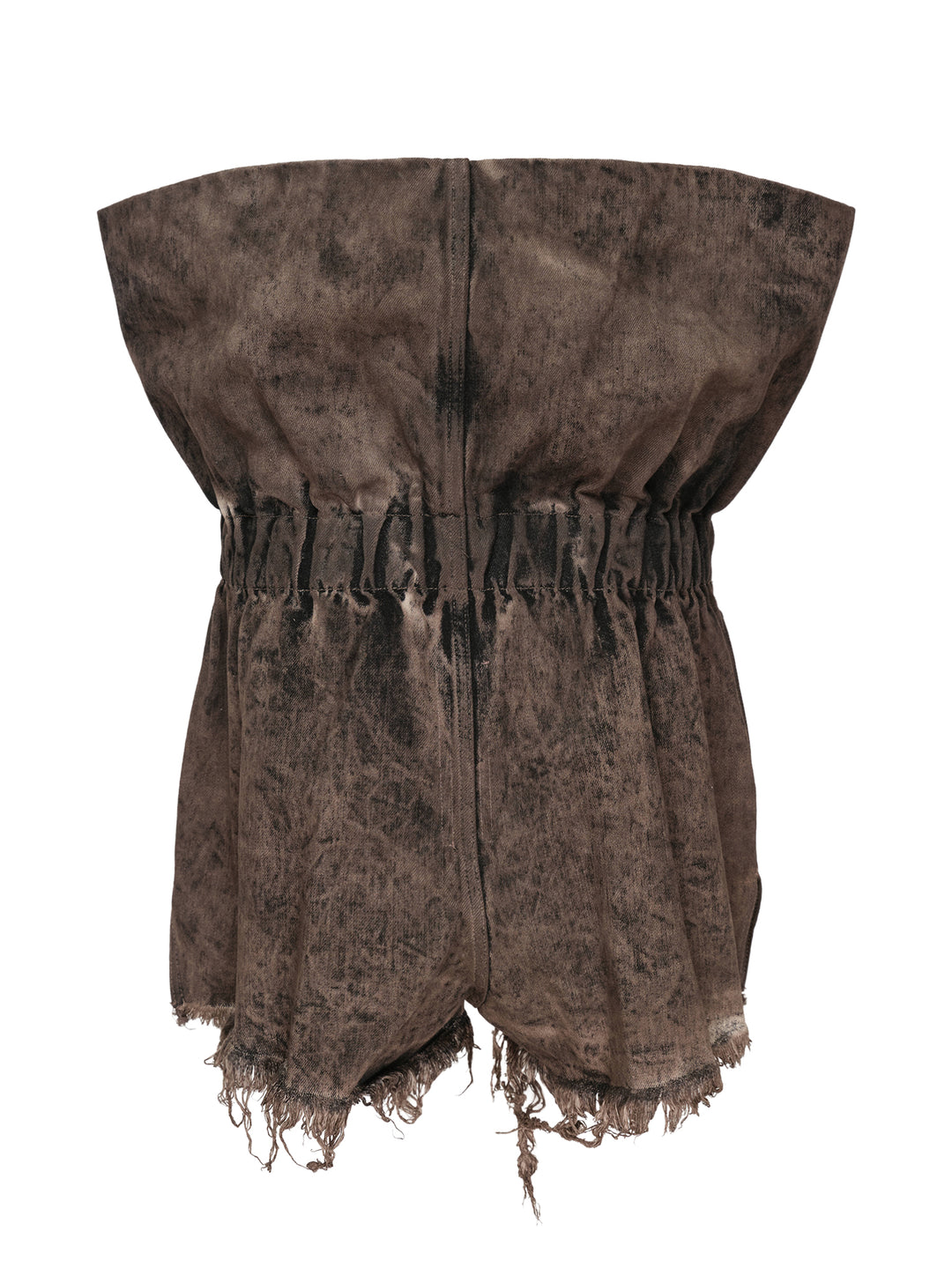 Rick Owens Crater Shorts in 13oz dust-wash brown denim — rear view showing strapless bandeau romper silhouette, gathered elasticated waist, and raw frayed hem - view 2