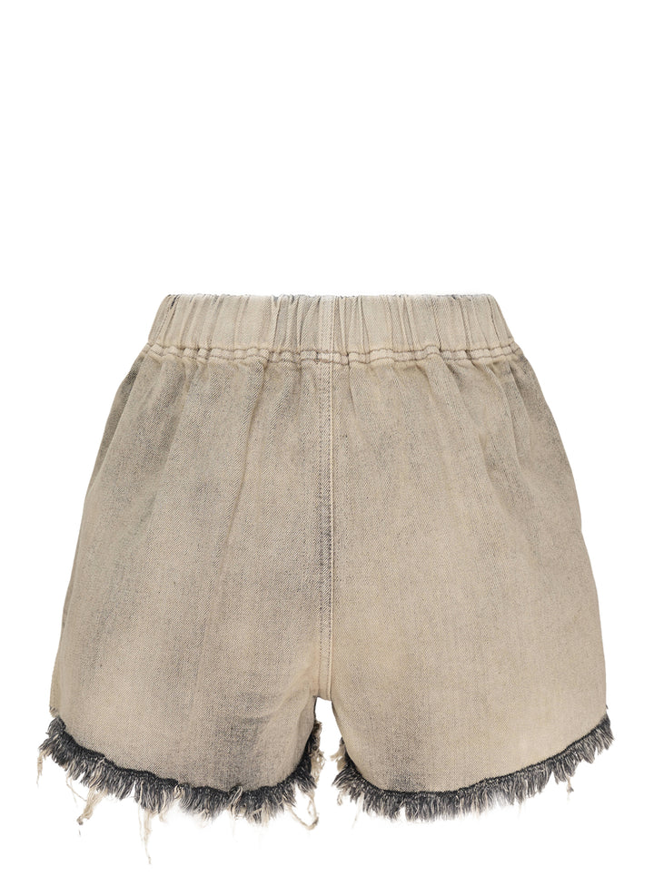 Rick Owens mineral wash denim shorts with elasticated waistband and raw frayed hem in washed beige-grey tone, back view on white background - view 2