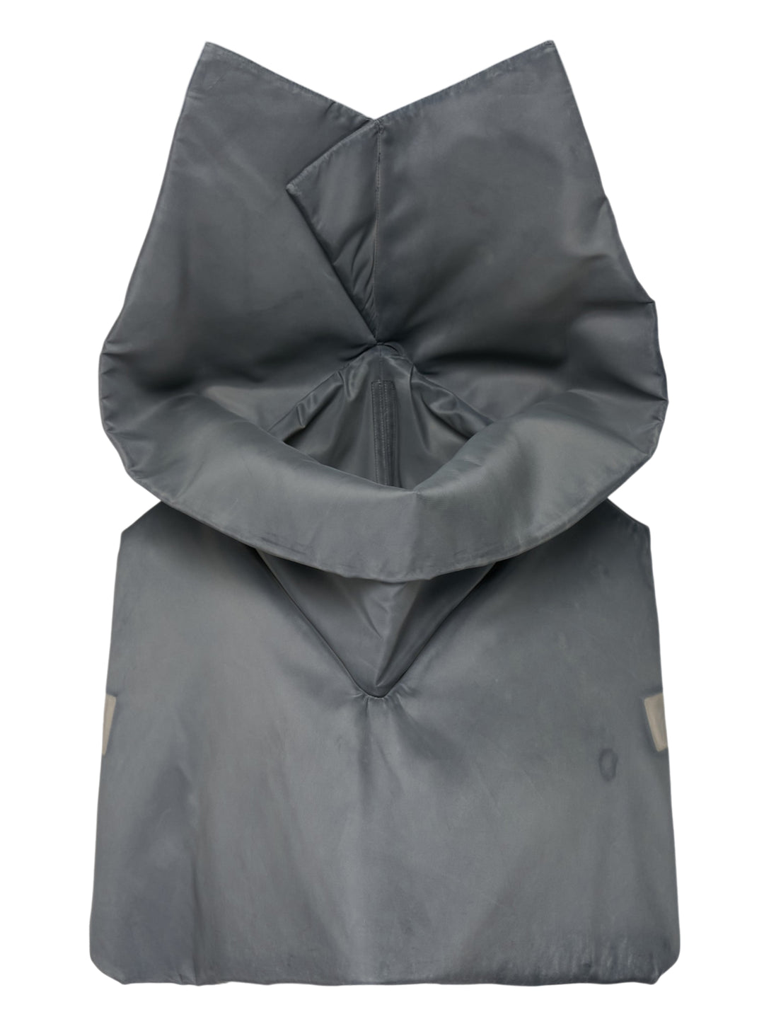 Rick Owens washed bomber cowl cape with sculptural folded funnel neck and side patches, shown flat against a white background
