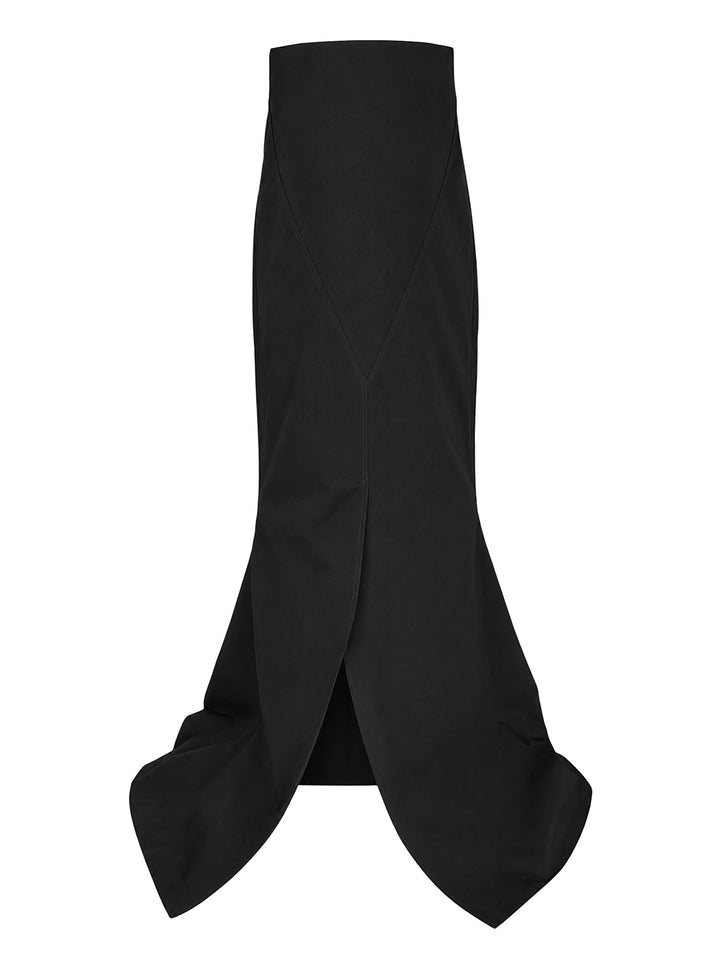 Black Rick Owens poly cotton canvas sheath dress with high waist, V-seam panelling and pointed petal hem