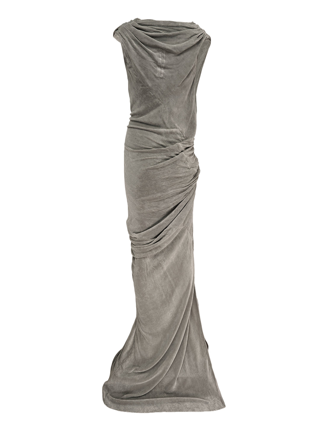 Rick Owens Strutter Velvet Gown in muted taupe, featuring a draped cowl neckline, ruched waist gathering, and floor-length column skirt with a side slit - view 2