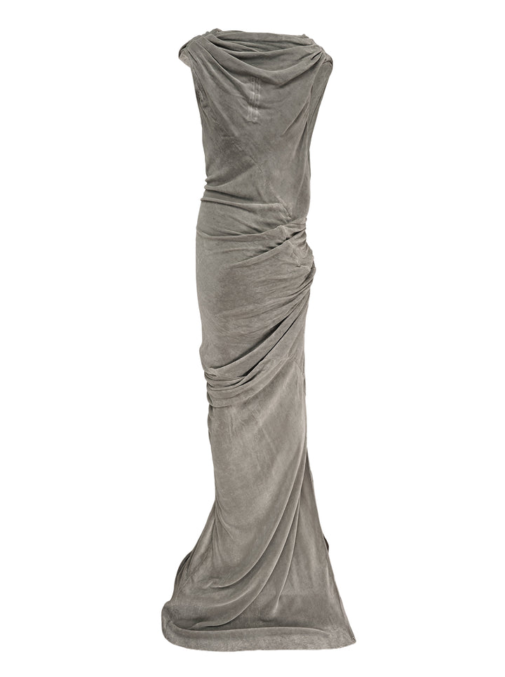 Rick Owens Strutter Velvet Gown in muted taupe, featuring a draped cowl neckline, ruched waist gathering, and floor-length column skirt with a side slit - view 2