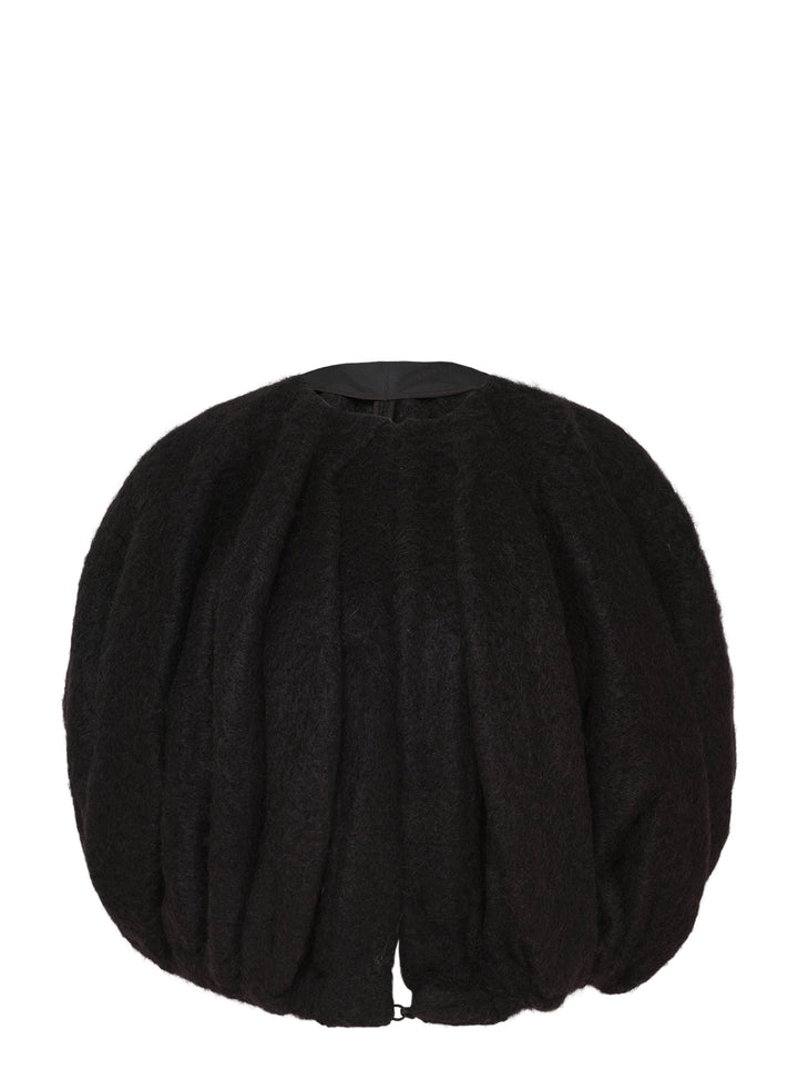 Rick Owens Temple Bubble Cropped Cape in black brushed mohair-blend, rear view showing sculptural quilted channelling and cocoon silhouette
