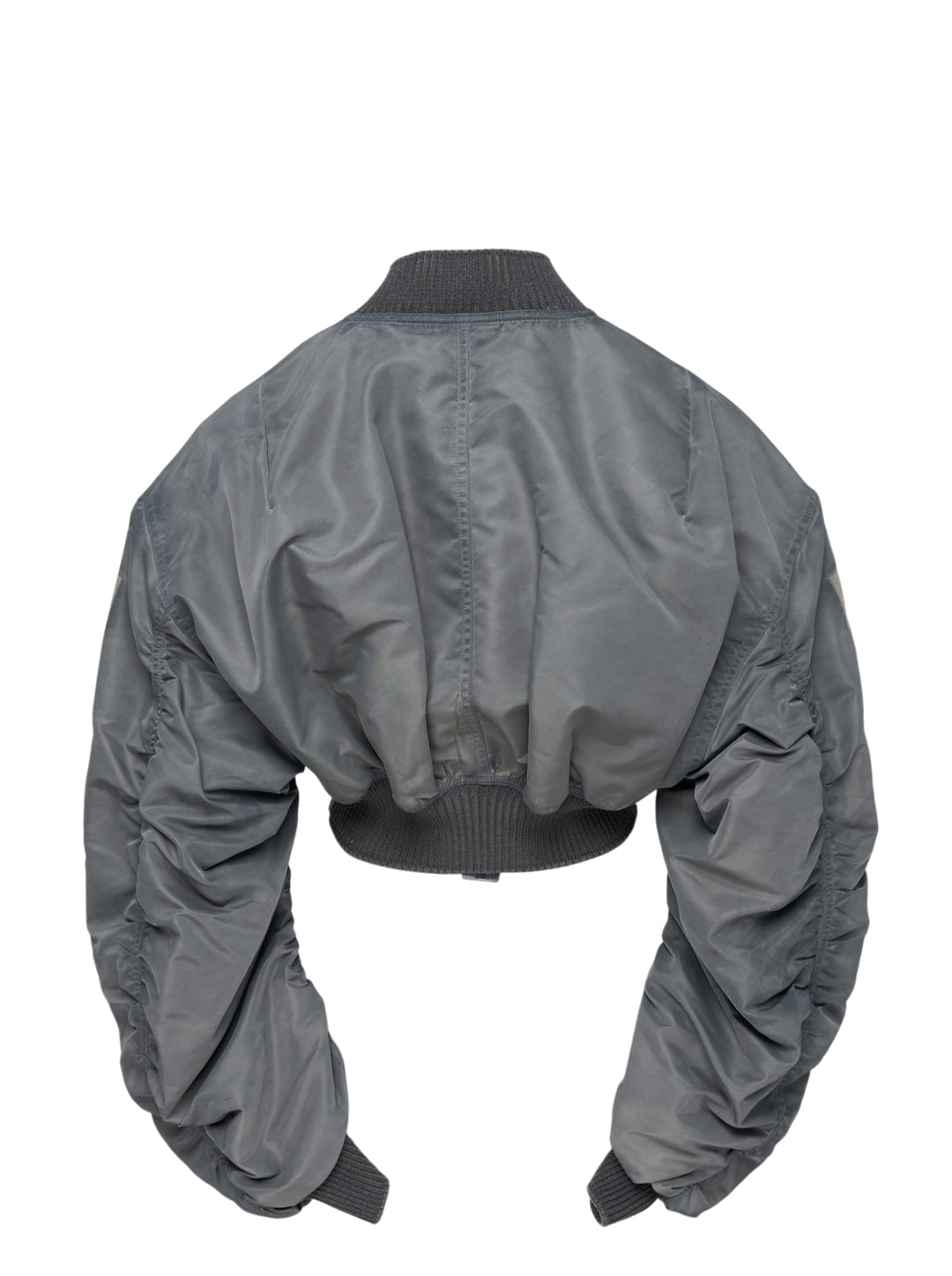Rick Owens Micro Secchia washed bomber jacket in grey with cropped body, ruched oversized sleeves, ribbed trims and front zip closure - view 2