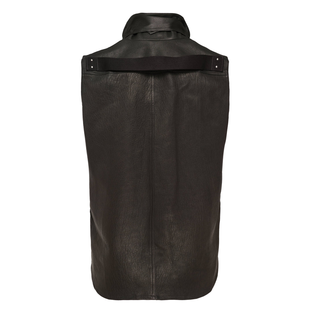 Rick Owens sleeveless black grained leather shirt with oversized draped collar, hidden front placket, and two patch pockets in a longline silhouette - view 2