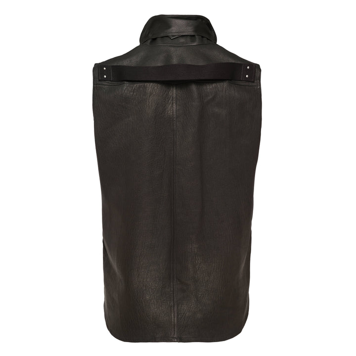 Rick Owens sleeveless black grained leather shirt with oversized draped collar, hidden front placket, and two patch pockets in a longline silhouette - view 2