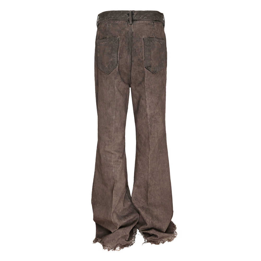 Rick Owens Bolan Boo flared jeans in washed dark brown denim with extreme bell-bottom silhouette and raw frayed hem, front view on white background