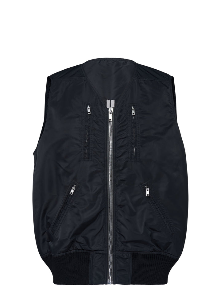 Rick Owens black washed nylon sleeveless bomber vest with V-neckline, silver front zip, four zip pockets and ribbed knit hem