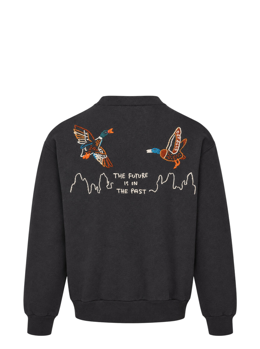 Human Made Embroidered Crewneck Sweatshirt in washed black with multicolour chain-stitch logo lettering across the chest and a heart logo patch on the cuff - view 2