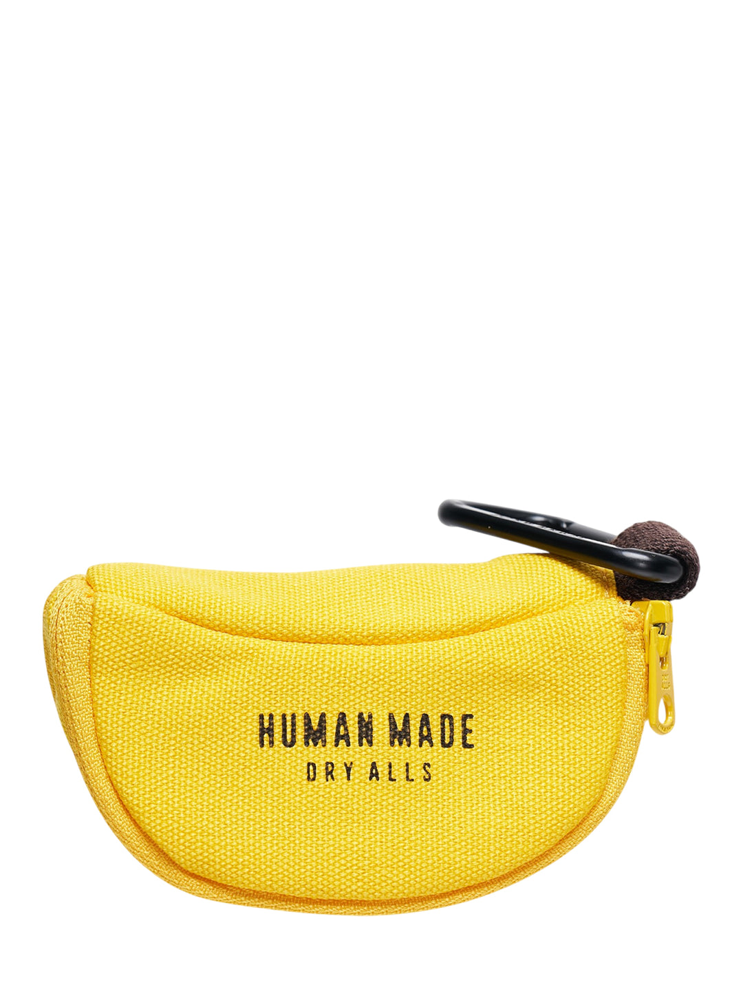 Human Made Banana Coin Pouch in yellow canvas with gold zip, brown fabric tip pull, black carabiner clip, and Dry Alls text branding on the front