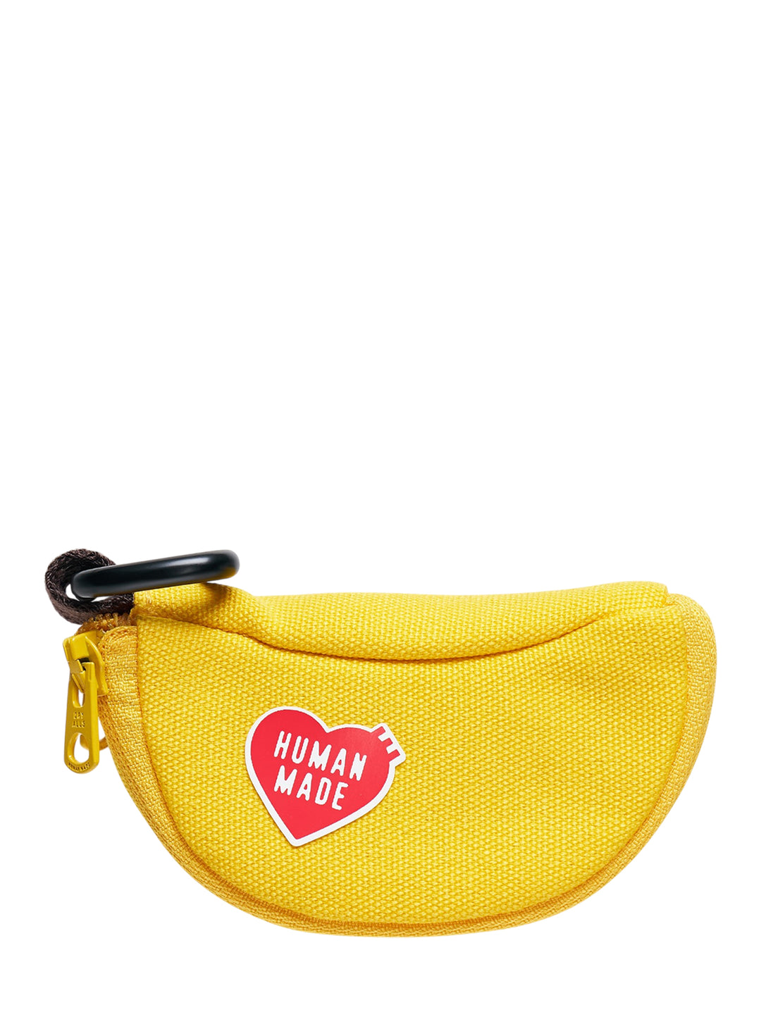 Human Made Banana Coin Pouch in yellow canvas with gold zip, brown fabric tip pull, black carabiner clip, and Dry Alls text branding on the front - view 2