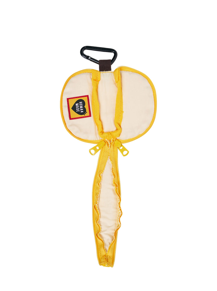 Human Made Banana Coin Pouch in yellow canvas with gold zip, brown fabric tip pull, black carabiner clip, and Dry Alls text branding on the front - view 3