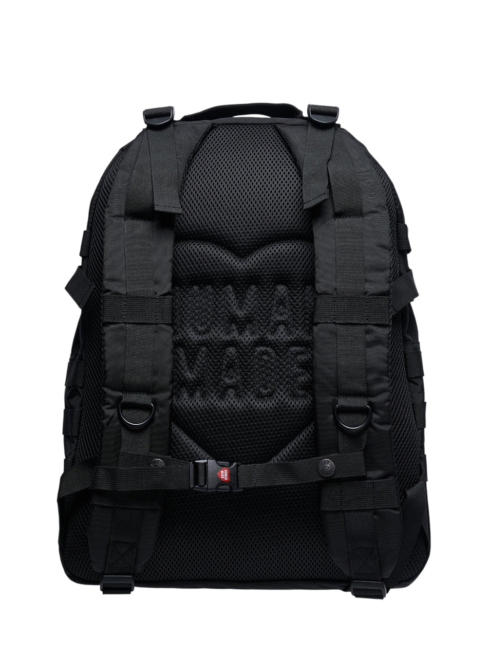 Human Made Military Backpack in black nylon featuring the heart logo print, twin buckle-clip strap fastenings on the front pocket, and an embroidered 'The Future Is In The Past' patch - view 2