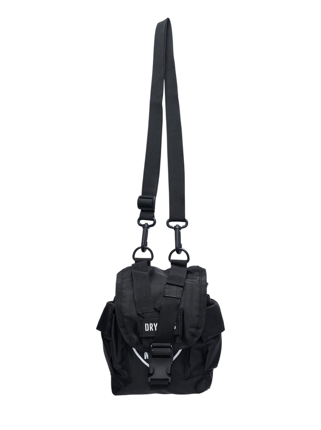 Human Made Military Pouch #1 in black nylon, featuring woven webbing harness, dual D-ring attachments, buckle-release closure, and a detachable adjustable shoulder strap, shown on a white background