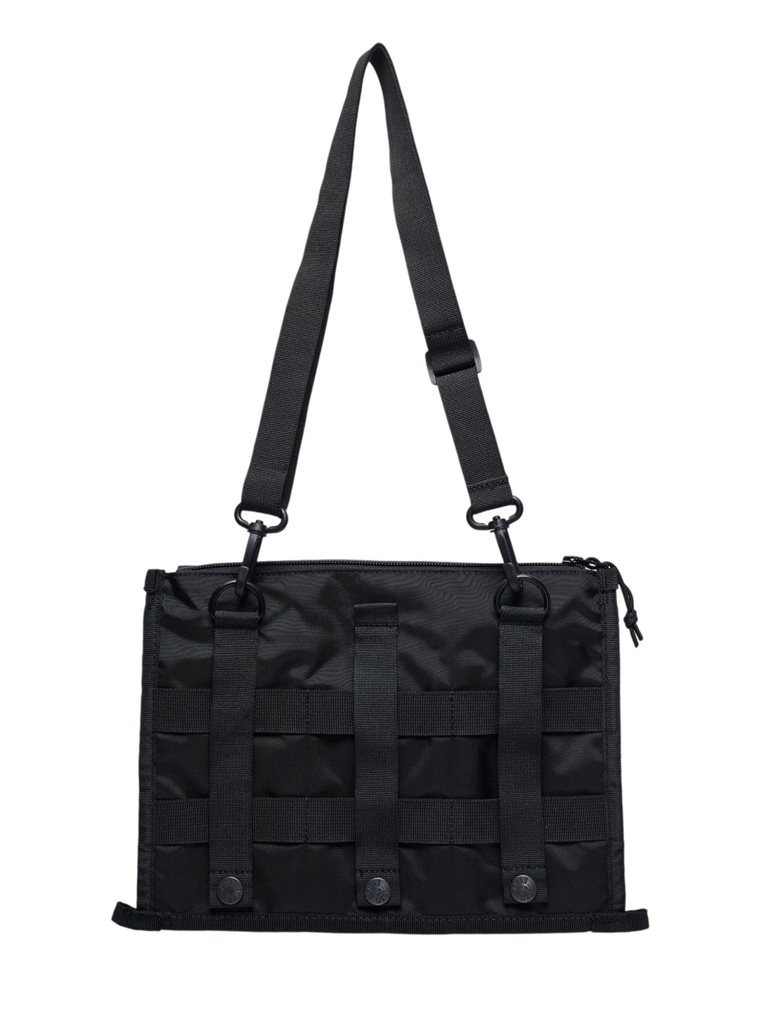 Human Made Dry Alls Military Pouch #3 in black nylon, featuring three front snap-button pockets, a main zip closure, and an adjustable webbing shoulder strap with clip hardware - view 2