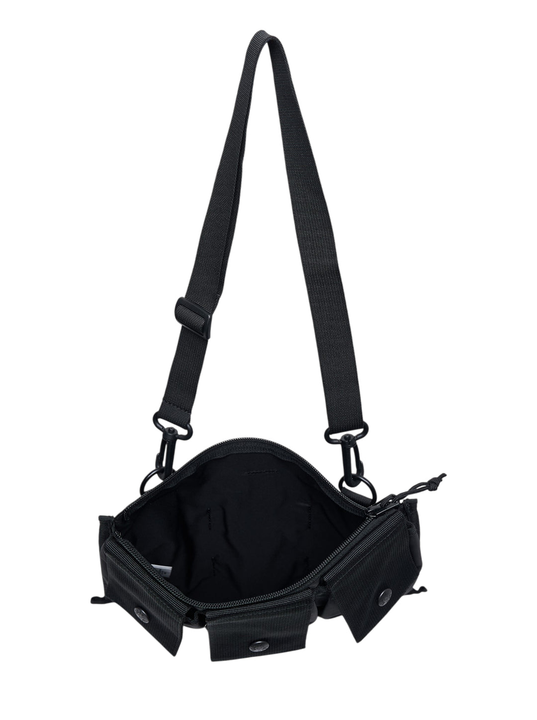 Human Made Dry Alls Military Pouch #3 in black nylon, featuring three front snap-button pockets, a main zip closure, and an adjustable webbing shoulder strap with clip hardware - view 3
