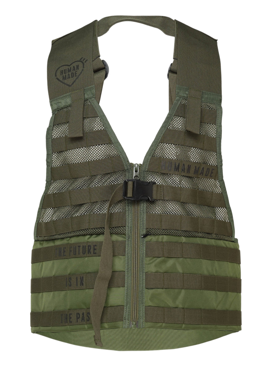 Human Made Tactical Military Vest in olive green featuring MOLLE webbing, mesh ventilation panels, centre-front zip, quick-release buckle, and 'The Future Is In The Past' slogan print