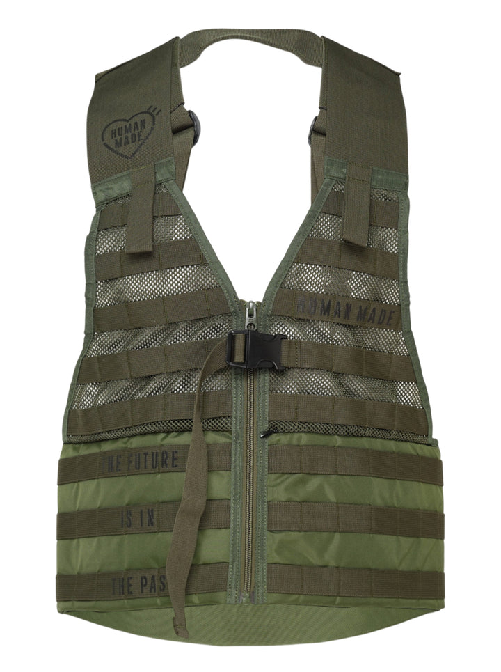 Human Made Tactical Military Vest in olive green featuring MOLLE webbing, mesh ventilation panels, centre-front zip, quick-release buckle, and 'The Future Is In The Past' slogan print