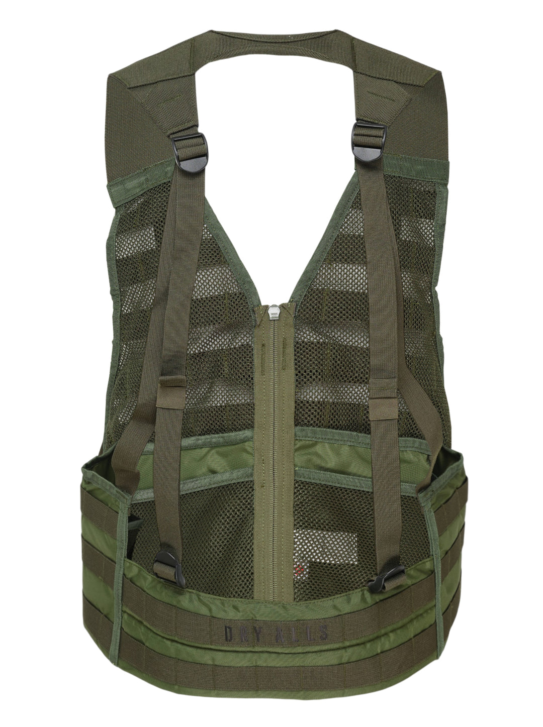 Human Made Tactical Military Vest in olive green featuring MOLLE webbing, mesh ventilation panels, centre-front zip, quick-release buckle, and 'The Future Is In The Past' slogan print - view 2